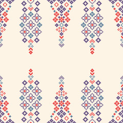 Traditional ethnic motifs ikat geometric fabric pattern cross stitch.Ikat embroidery Ethnic oriental Pixel brown cream background. Abstract,vector,illustration. Texture,scarf,decoration,wallpaper.