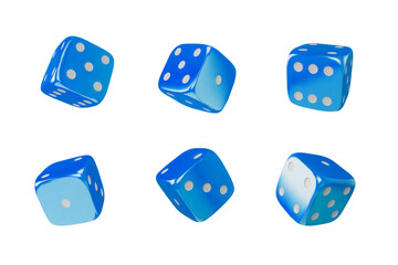 Game dice view from different angles realistic 3d vector icons set, blue cube with white dots, gambling games casino