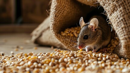 Closeup the mouse eats the grain near the burlap bags on the floor of the pantry