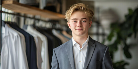 Obraz premium Young man in suit smiling in clothing store, professional image concept