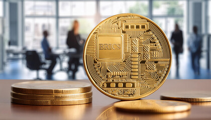 Brics golden coin on a desk table, background of an office interior. Concept of progress, business, finance and daily news. 