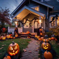 Obraz premium Spooky Lawn Decorations for a Haunted House Party Generative AI