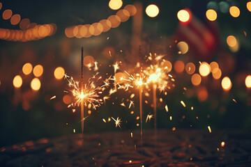 Burning Sparklers With Bokeh Lights In The Evening