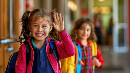 Young schoolgirl waving goodbye with a cheerful smile at the entrance of a school