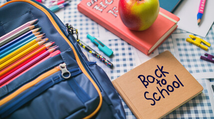 Blue school backpack full of colorful stationery lying on a table with a notebook saying back to school
