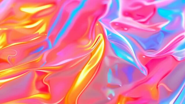A close-up of a vibrant holographic fabric showcasing multicolored iridescent patterns. The fabric reflects a spectrum of colors including pink, blue, yellow, and orange, creating a dynamic