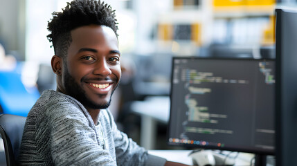 Smiling young black man in modern software office, working on coding at computer with lines of code visible on screen, Copy Space