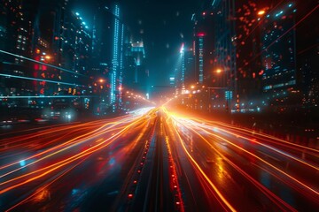 Futuristic Cityscape with Neon Light Trails Generative AI