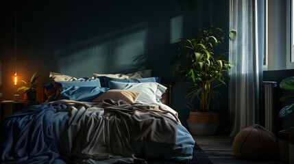 A bedroom interior featuring a bed with blue bedding, natural light streaming in from a window, and a houseplant in the corner.