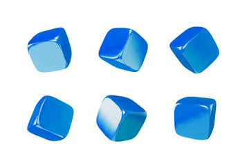 Set of glossy blue square cubes with soft corners falling, different angles view 3D vector, cubic toy, isometric brick