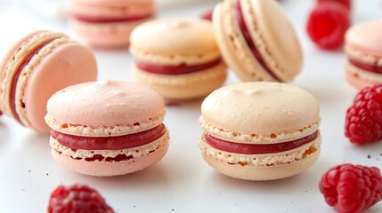 Fototapeta premium Raspberry macaron with smooth filling, set on a clean white surface, vibrant and inviting, perfect for marketing