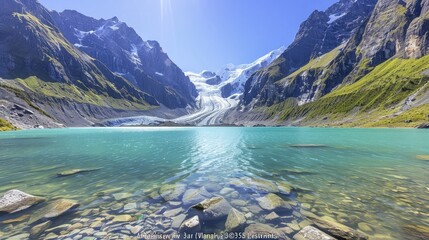Fototapeta premium Glacial lake surrounded by high mountains, the water a brilliant turquoise from glacial melt, under a clear blue sky.