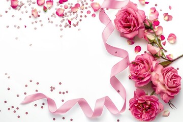 Pink rose flowers  ribbons  glitter confetti in corner arrangement.