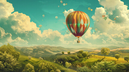 Naklejka premium Illustration of a colorful ballon flying over a green landscape on a beautiful sunny day