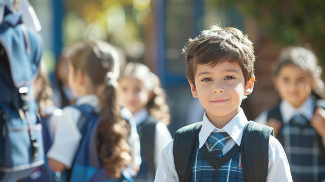 Elementary student smiling outside school wearing a uniform with his classmates behind him