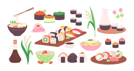 Rice food. Asian tasty products, sushi and onigiri, noodles and drinks. Isolated rice plants, sweets candies and soy sauce, racy vector clipart