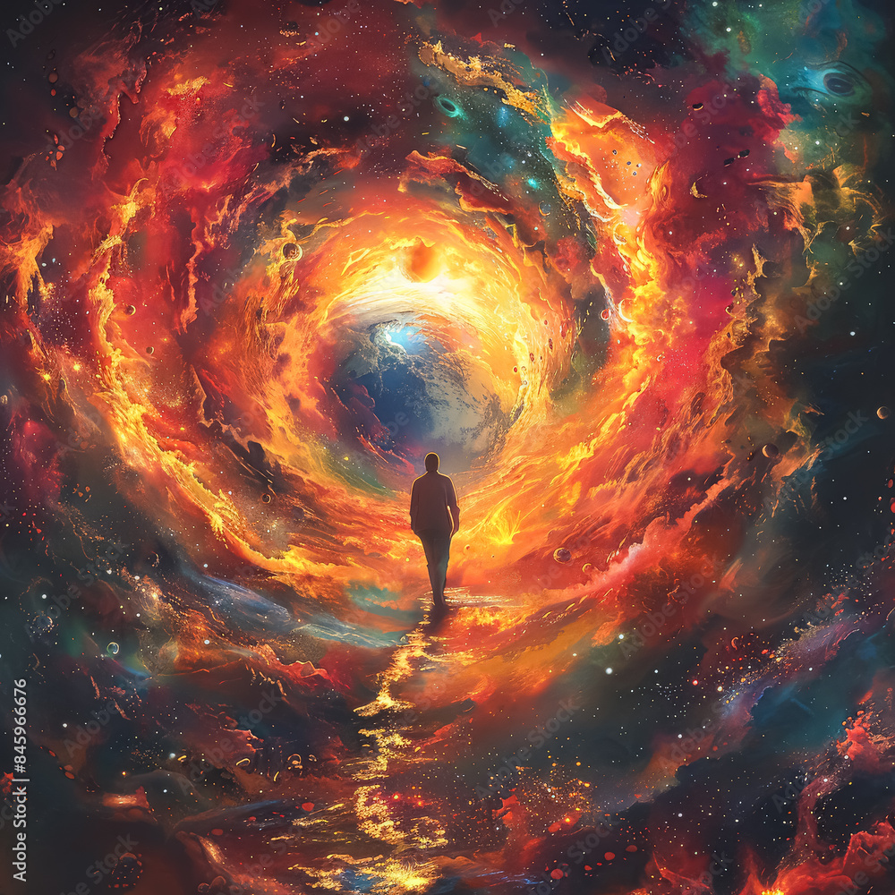 Poster a man in a spacesuit is floating in space. the image is a work of art, with a sense of wonder and ad