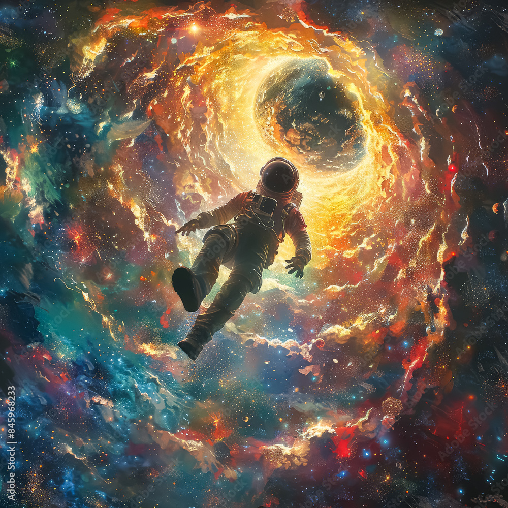 Poster a man in a spacesuit is floating in space. the image is a work of art, with a sense of wonder and ad