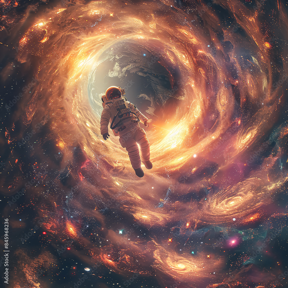 Poster a man in a spacesuit is floating in space. the image is a work of art, with a sense of wonder and ad