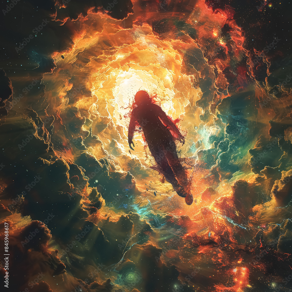 Poster a man in a spacesuit is floating in space. the image is a work of art, with a sense of wonder and ad