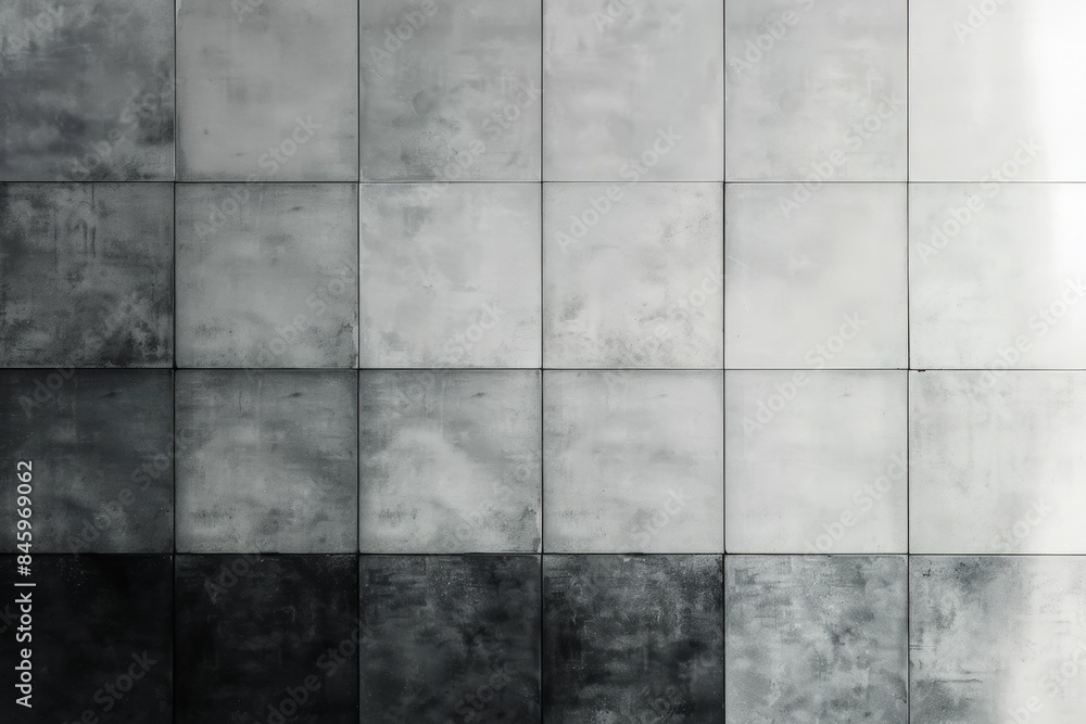 Poster light is projecting on a modern black and white tiled wall, creating a gradient. the smooth surface 