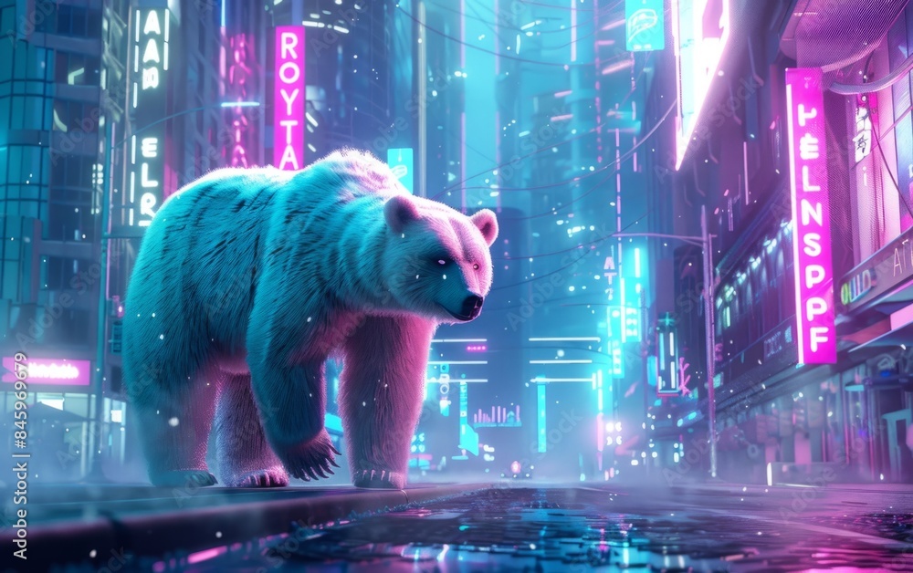 Wall mural Bear and bull collide in a neon-lit futuristic cityscape. Digital bear wanders, bull charging. Stock photo SEO!