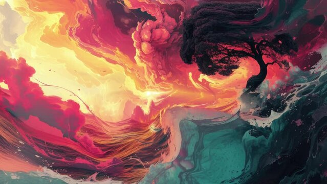 Painting of a tree in a colorful sky animation. 