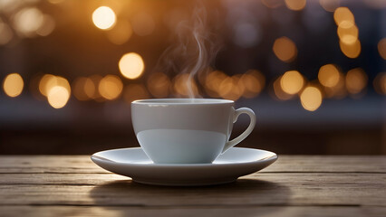Obraz premium A steaming hot coffee cup is set against a backdrop of a golden sunset in the city, evoking a sense of calm