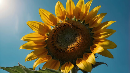 Naklejka premium A towering sunflower blooms against the backdrop of a vivid blue sky, symbolizing growth