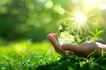 Hand holding globe with green plant growing . Environmentally friendly concept