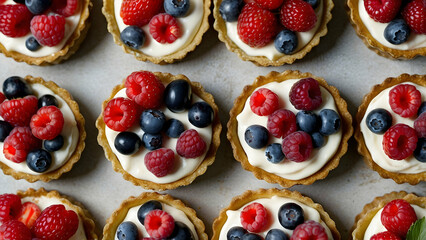 Overhead shot of colorful fresh fruit tartlets with cream on a white surface, perfect for dessert menus