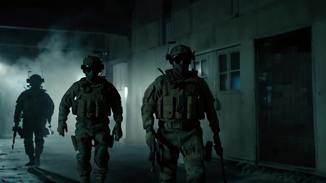 Three Special Forces Soldiers Walking Through a Foggy Street at Night