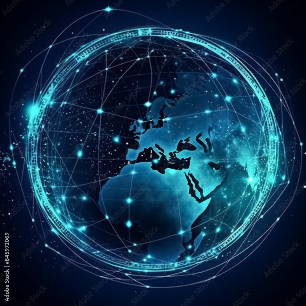 Poster a blue globe with a network of lines surrounding it. the globe is lit up and he is a representation 