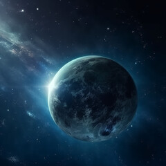 Fototapeta premium A blue planet with a star in the background. The planet is surrounded by a lot of stars