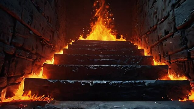 Stone Staircase Engulfed in Flames Leading into a Dark Tunnel