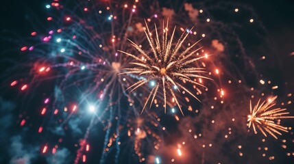 Fireworks sparkle across the dark night sky, creating a mesmerizing display