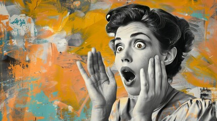 Composite creative art collage of surprised funny lady black white gamma listen ear neighbors rumors gossip casual cloth isolated on painting background