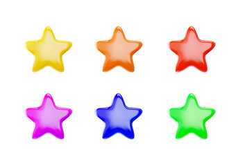 A set of 6 colorful cartoon 3D stars, perfect for design.