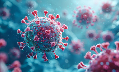 A close up of a virus with pink and blue colors
