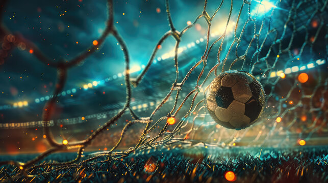 Fototapeta The ball hits goal net during soccer game, scene with field at football stadium at night. Concept of background, sport