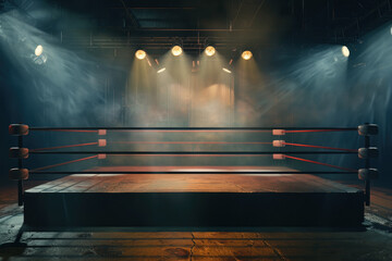 Empty boxing ring with light, battle arena at dark stadium, sport stage background. Concept of box,...
