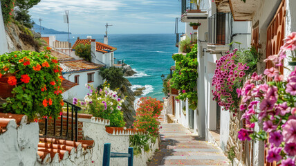 Fototapeta premium Path with stairs and flowers in old seaside city in Spain, beautiful view of sea, sky and vintage houses. Concept of Spanish vacation, resort, summer and travel.