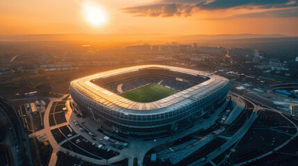 Soccer stadium and city buildings, aerial view of modern arena, sky and sun. Concept of football,...