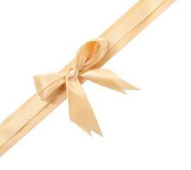 Golden satin ribbons with bow isolated on white, top view