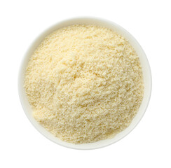 Fresh almond flour in bowl on white background, top view