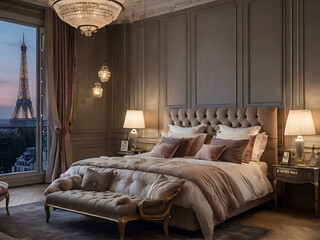 bedroom in hotel eiffel tower night view