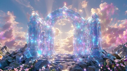Fantasy landscape with crystal shining portal, rainbow colors