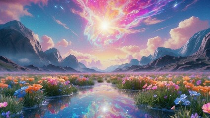 Beautiful fantasy landscape with fields of ethereal flowers