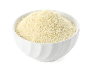 Fresh almond flour in bowl isolated on white
