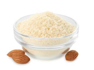 Fresh almond flour in bowl and nuts isolated on white